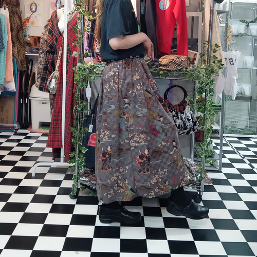 町娘 和柄×市松模様 フレアロングスカート:薄紫 フレアスカート Hand  