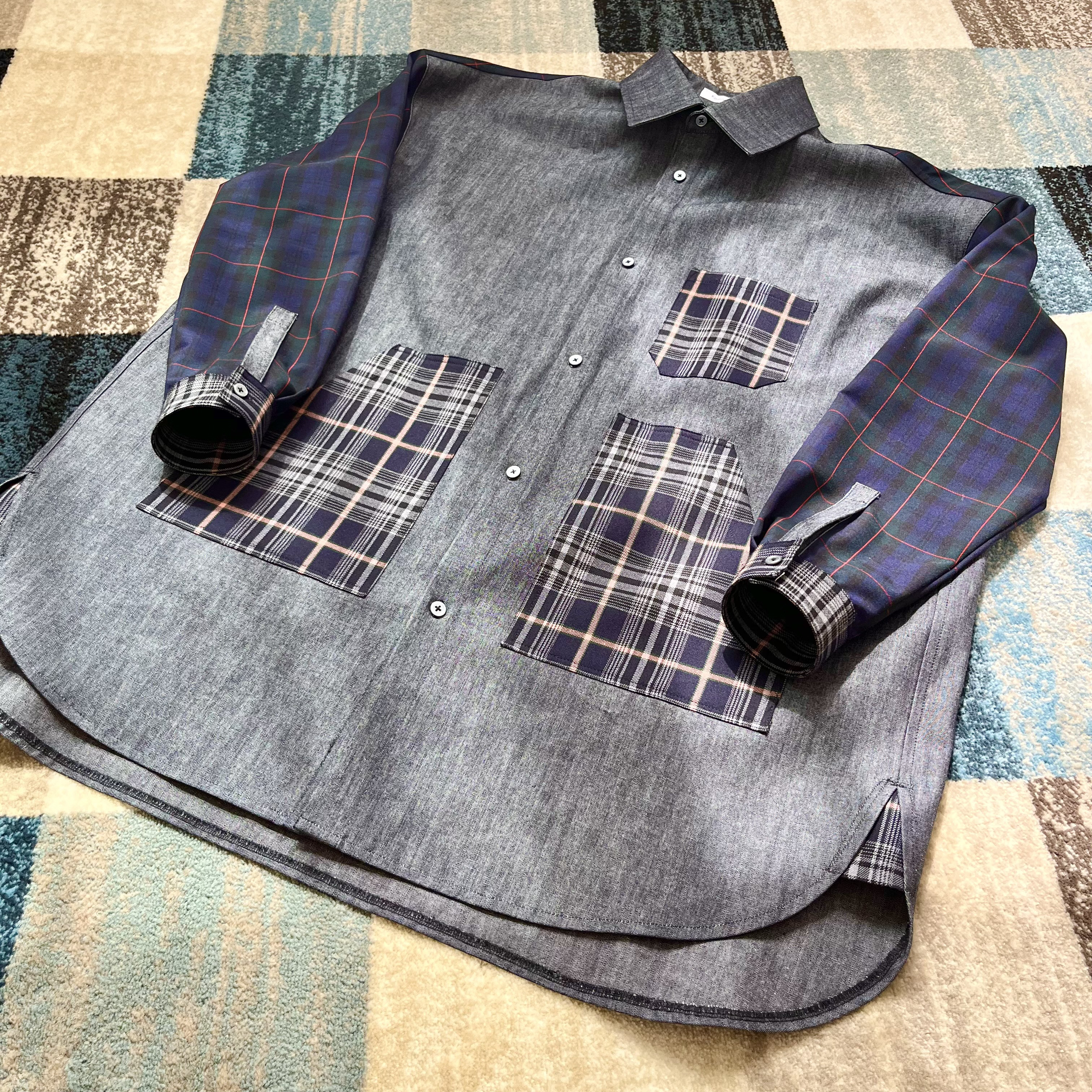 チェック柄切替ビッグシルエットデニムシャツ