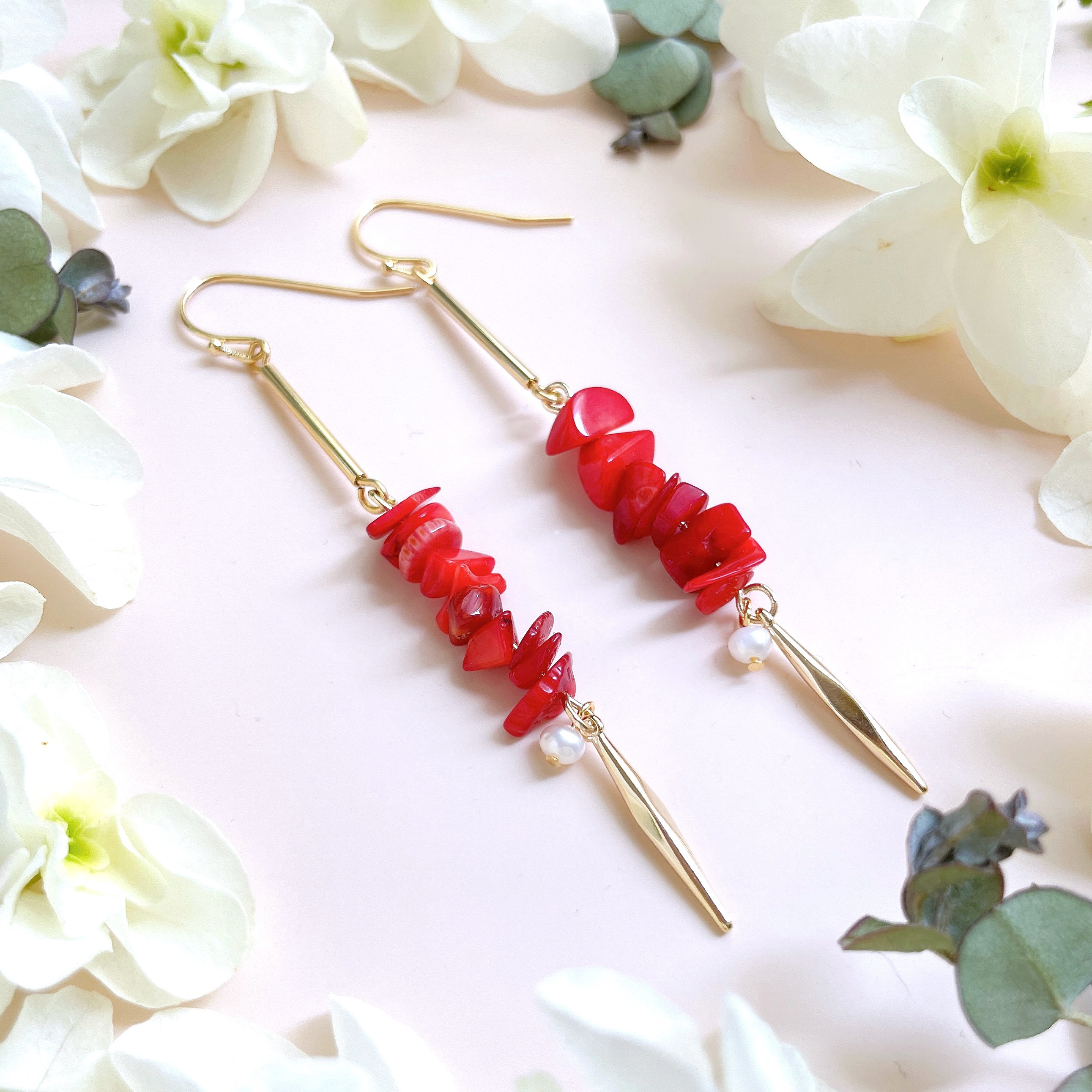 Rtav】特価 K18 赤珊瑚 6mm 5連タイプ フックピアス Rtav】特価 K18