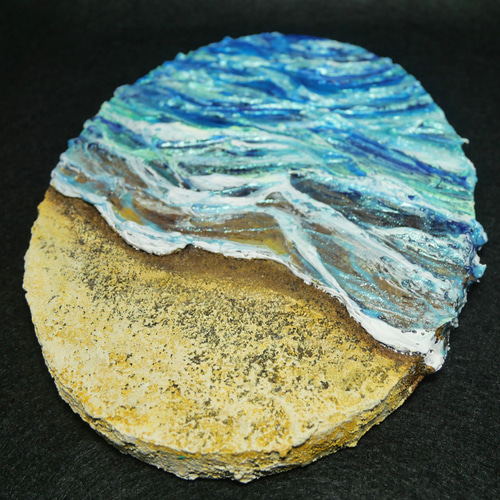 油絵 油彩 油彩画 絵画 絵 楕円型張りキャンバス【砂浜の波】 絵画