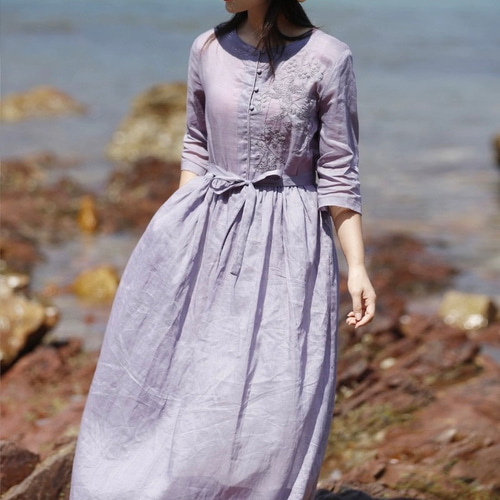フロント刺繡がアクセント ラミー麻のロングワンピース ウエスト