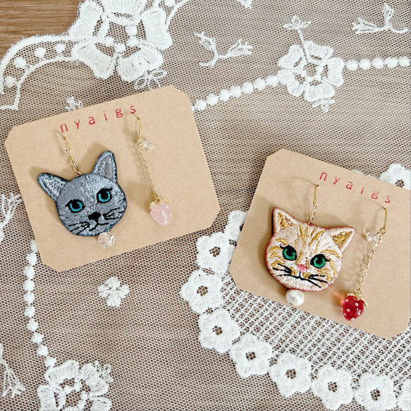 ☆❤️ レジン　猫　いちご　花　ピアス　リボン　イヤリング　ハンドメイド ฅ❤️ ねこ 猫 レジン いちご りぼん 花 ピアス イヤリング