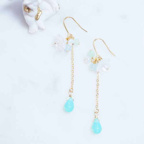 天然石カラフルジェイド　コッパーキューブ巻きピアス 天然石×ボールチェーンピアス（ブルーコッパーターコイズ