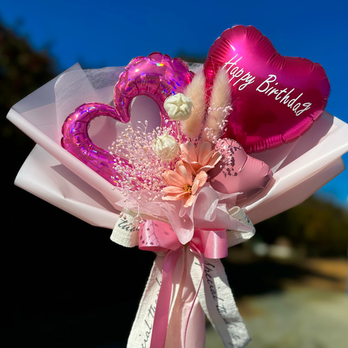【期間限定お試し価格】 バルーンブーケ ハートミニブーケ・ピンク 誕生日・発表会・結婚 花束・アレンジメント
