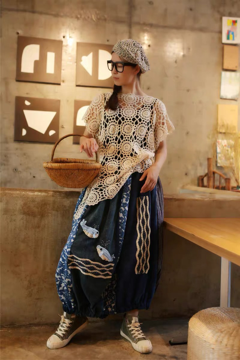 着物リメイク 絣など木綿のパッチワーク ティアードスカート