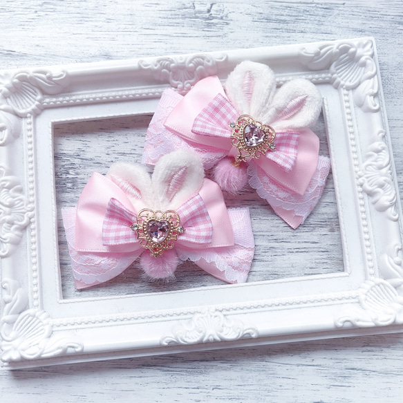 量産型 地雷系 ヘアクリップ 2個セットピンク チェック うさ耳