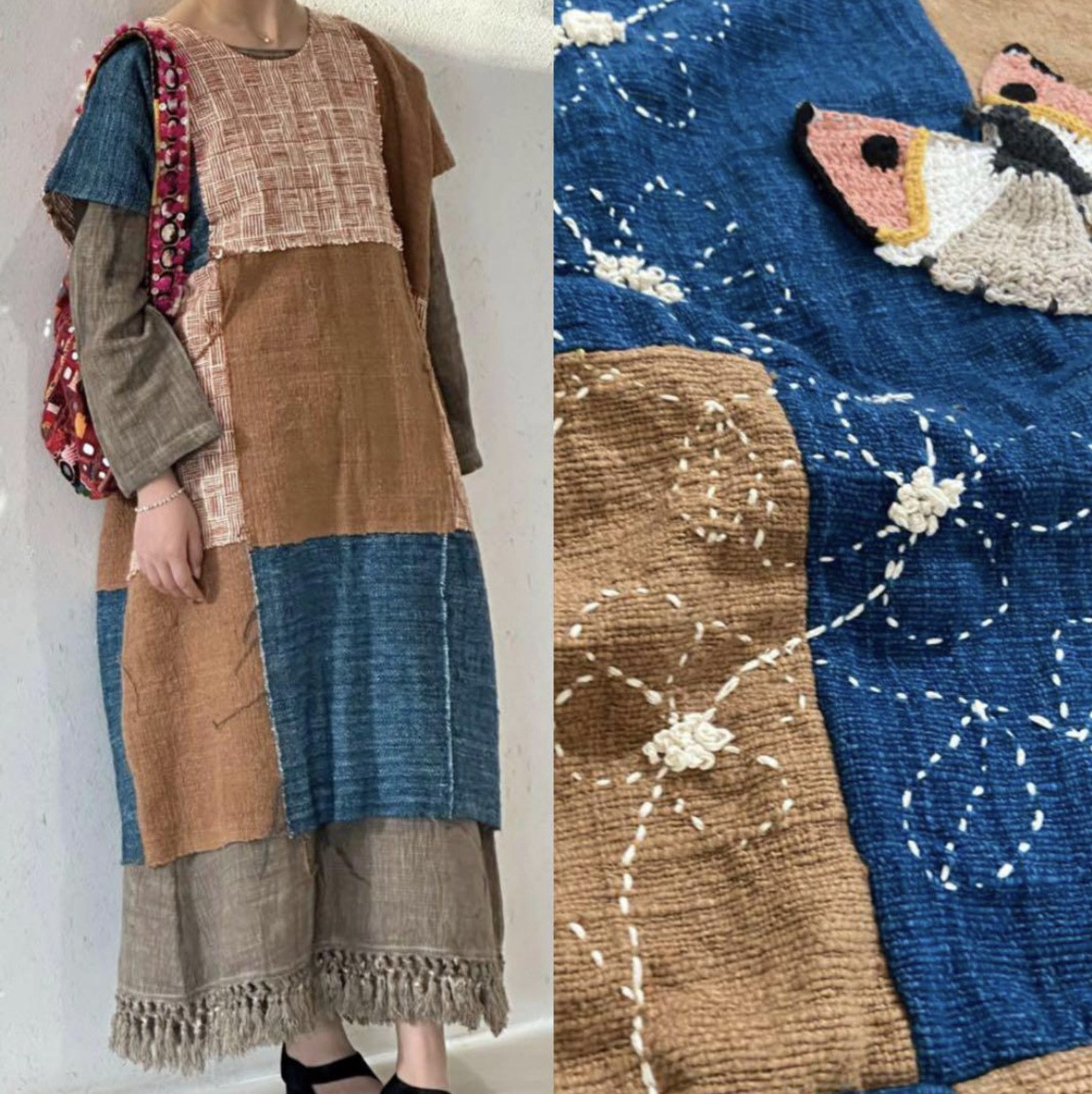 手作りハンドメイド手織り布刺繍蝶々パチワークワンピース