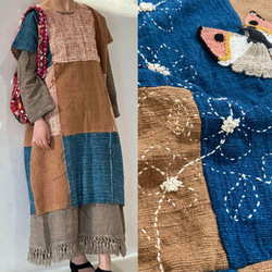 千愛の森手作りパチワーク刺繍柿渋藍染ワンピース
