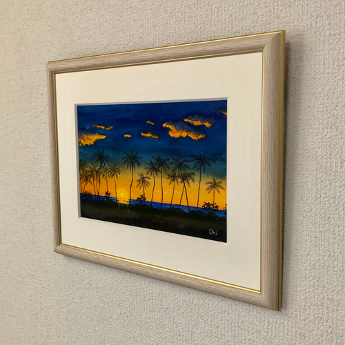 EVAN　透明水彩画　原画　「マウイの夕焼け」額縁付　SMサイズ　風景画 マウイの夕焼け」透明水彩画 原画 風景画 額縁付 SMサイズ 絵画 Oni
