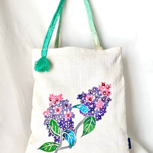 日本【鮮やかな手染めバック 型染め 紅型 】紫陽花 浴衣バック