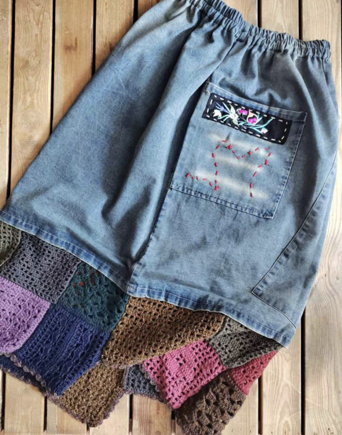 手作りハンドメイドパチワーク古布リメイク刺繍スカート