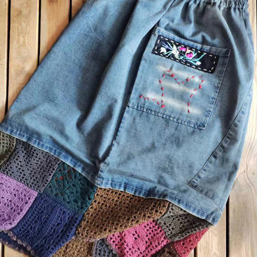 手編みハンドメイドパッチワーク刺繍スカート