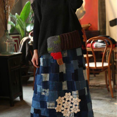 手作りハンドメイドパッチワーク藍染スカート ロングスカート（マキシ