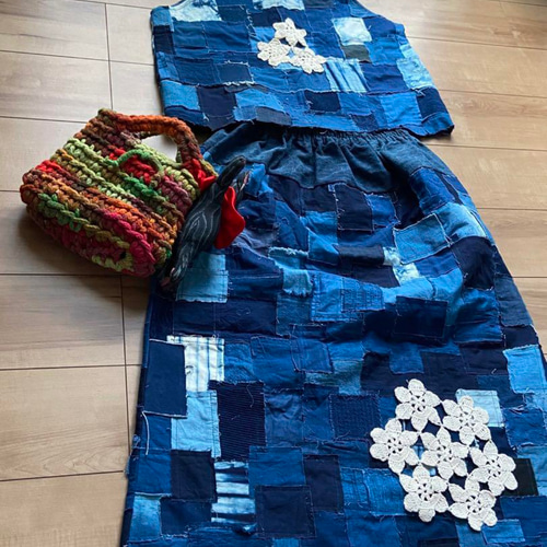 手作りハンドメイドパッチワーク藍染スカート ロングスカート（マキシ