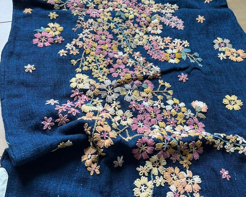 花畑 手作りハンドメイド刺繍花手織り布ワンピース ワンピース