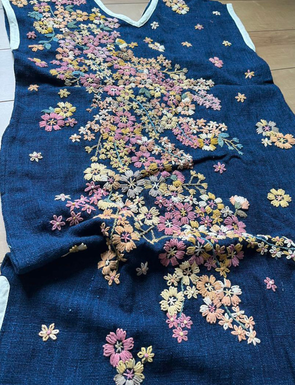 花畑 手作りハンドメイド刺繍花手織り布ワンピース ワンピース 花畑 手作りハンドメイド刺繍花手織り布ワンピース ワンピース