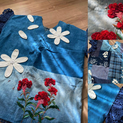 手作りハンドメイド藍染古布刺繍花パチワークシャツ Tシャツ 夢 手作りハンドメイド藍染古布刺繍花パチワークシャツ Tシャツ 夢