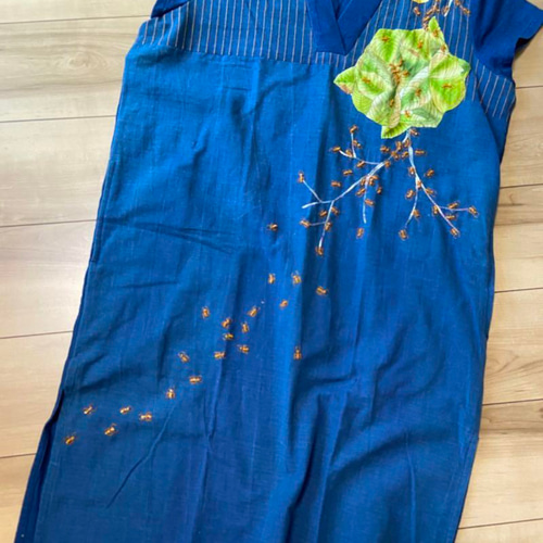 オーダー 手作りハンドメイド刺繍古布大魚ワンピース