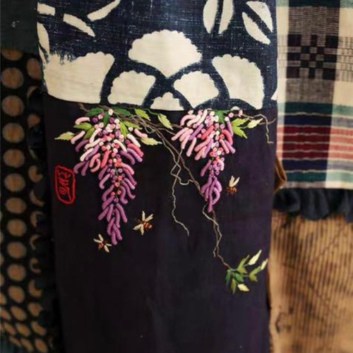 千愛の森　オーダー　アンティーク調古布刺繍藤ワンピース 千愛の森 オーダー アンティーク調古布刺繍藤ワンピース