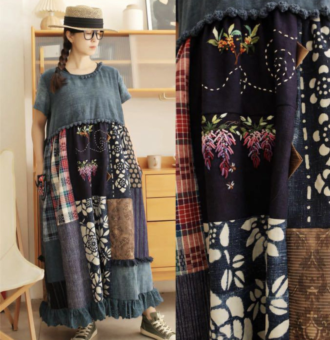 千愛の森　オーダー　アンティーク調古布刺繍藤ワンピース