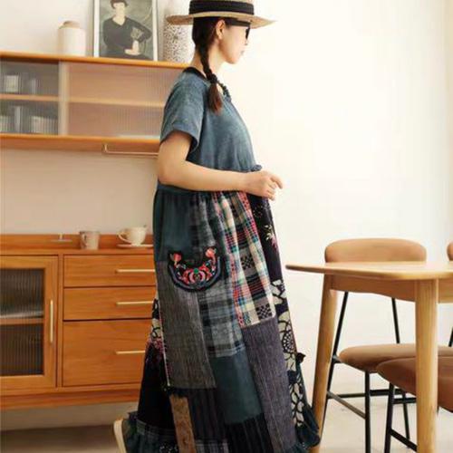 千愛の森　オーダー　アンティーク調古布刺繍藤ワンピース 千愛の森オーダーアンティーク調古布刺繍藤ワンピース