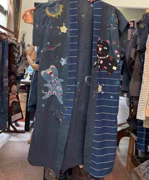 ハンドメイド 青色 コートワンピ