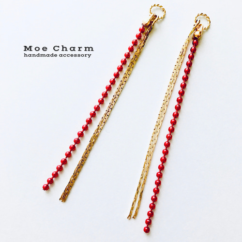 メタルレッドボールチェーン✳︎2連デザインチェーン イヤリング