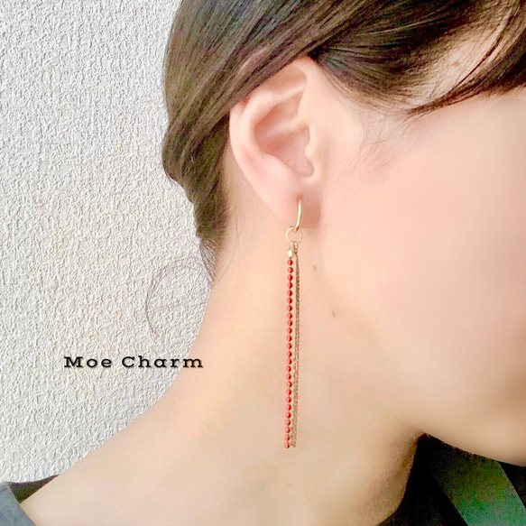 メタルレッドボールチェーン✳︎2連デザインチェーン イヤリング