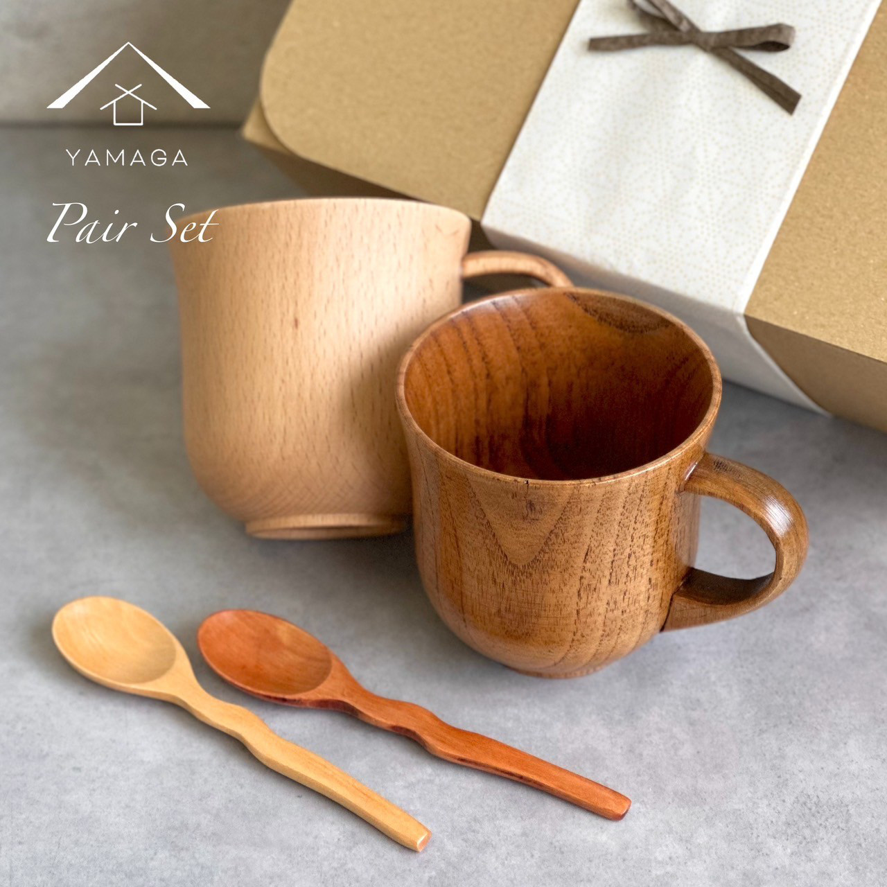 4点セット コーヒーカップ 天然木製 ペア ウェーブスプーン ナチュラル うるし塗り ギフトボックス付き ラッピング