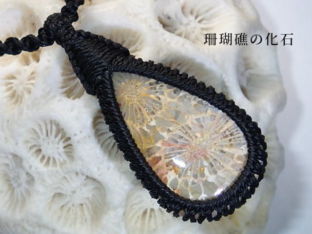 ★海の楽園★トロピカルな珊瑚礁の化石★天然石ネックレスペンダント★ハンドメイドマクラメ編みサンゴジルコン翡翠カットビーズ