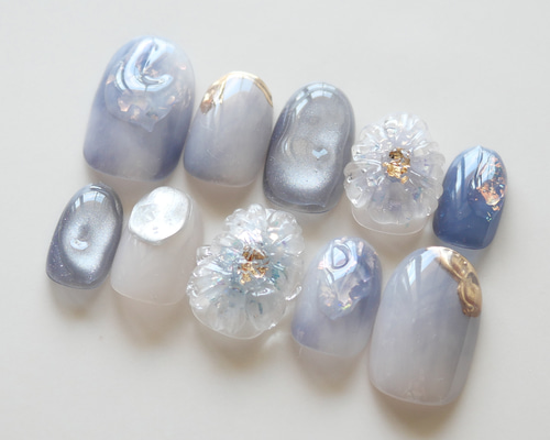 夏色グラスフラワーネイル-cool blue-◇ネイルチップ【natsu-No.11