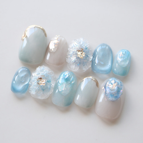 Natsuページ ネイルチップ 夏色グラスフラワーネイル-light blue-◇ネイルチップ【natsu-No