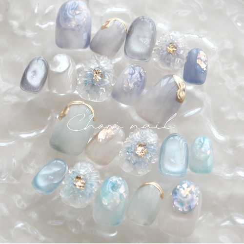 Natsuページ ネイルチップ 夏色グラスフラワーネイル-light blue-◇ネイルチップ【natsu-No