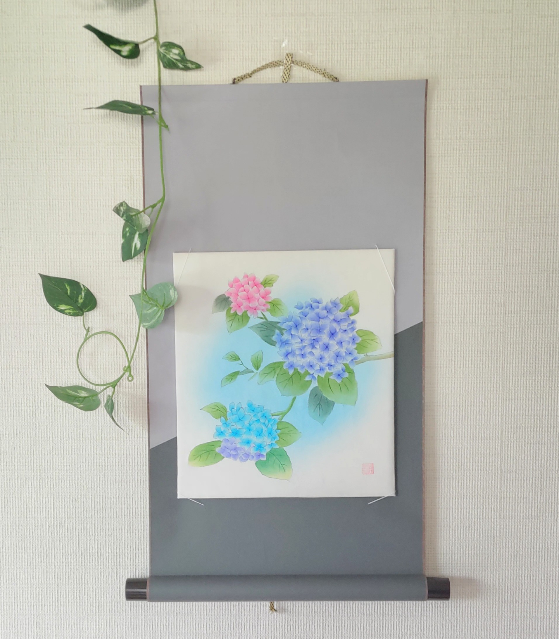 紫陽花の手描きミニ掛軸
