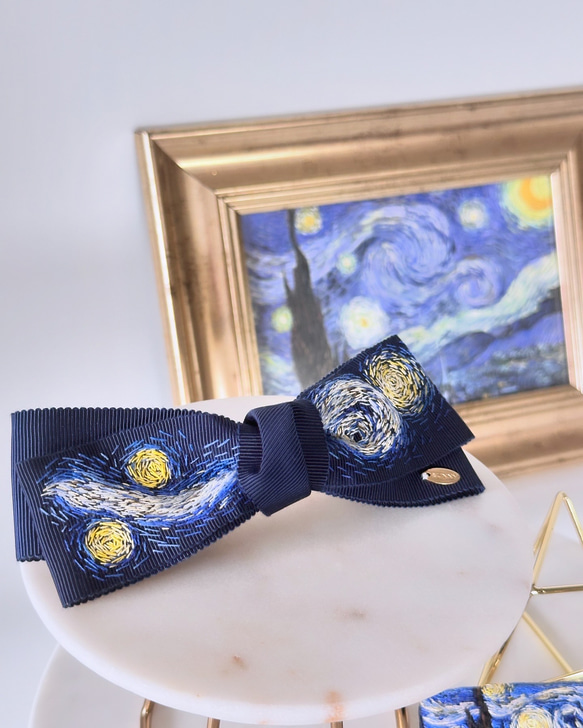 受注生産】ゴッホ『星月夜』1ヶ月待ち 手刺繍のリボンヘアアクセサリー