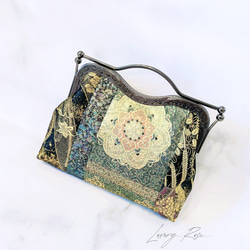 1点限定♡4種類パッチワーク大迫力のシック高級西陣帯地で極上ブラック緑ゴールド系上品パーティーバッグフォーマルバッグ　 3枚目の画像