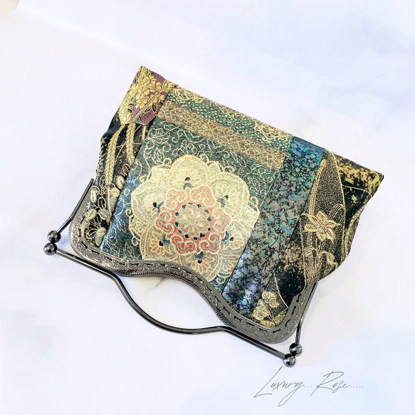 1点限定♡4種類パッチワーク大迫力のシック高級西陣帯地で極上ブラック緑ゴールド系上品パーティーバッグフォーマルバッグ　 11枚目の画像