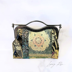 1点限定♡4種類パッチワーク大迫力のシック高級西陣帯地で極上ブラック緑ゴールド系上品パーティーバッグフォーマルバッグ　 1枚目の画像