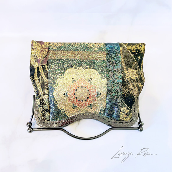 1点限定♡4種類パッチワーク大迫力のシック高級西陣帯地で極上ブラック緑ゴールド系上品パーティーバッグフォーマルバッグ　 5枚目の画像