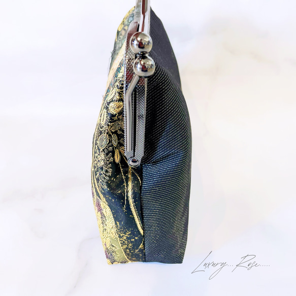 1点限定♡4種類パッチワーク大迫力のシック高級西陣帯地で極上ブラック緑ゴールド系上品パーティーバッグフォーマルバッグ　 4枚目の画像