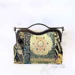 1点限定♡4種類パッチワーク大迫力のシック高級西陣帯地で極上ブラック緑ゴールド系上品パーティーバッグフォーマルバッグ　 7枚目の画像