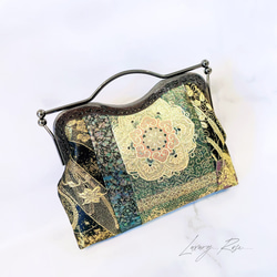 1点限定♡4種類パッチワーク大迫力のシック高級西陣帯地で極上ブラック緑ゴールド系上品パーティーバッグフォーマルバッグ　 8枚目の画像