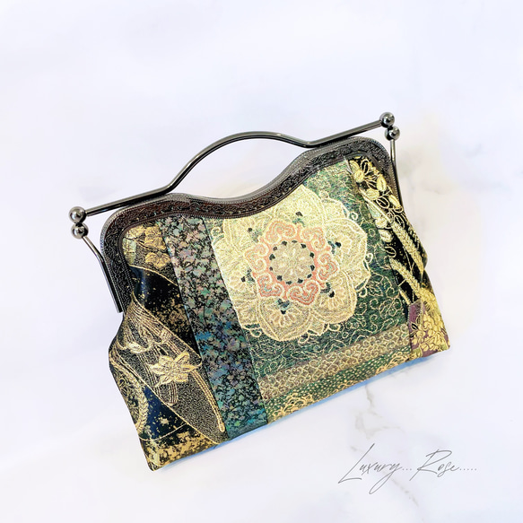 1点限定♡4種類パッチワーク大迫力のシック高級西陣帯地で極上ブラック緑ゴールド系上品パーティーバッグフォーマルバッグ　 8枚目の画像