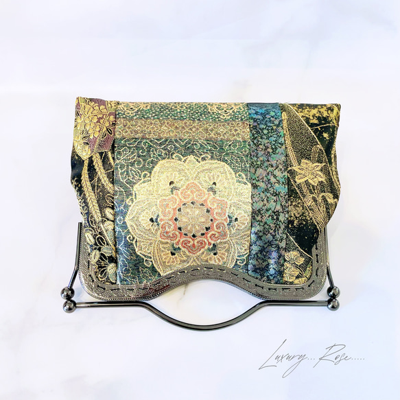 1点限定♡4種類パッチワーク大迫力のシック高級西陣帯地で極上ブラック緑ゴールド系上品パーティーバッグフォーマルバッグ　 10枚目の画像