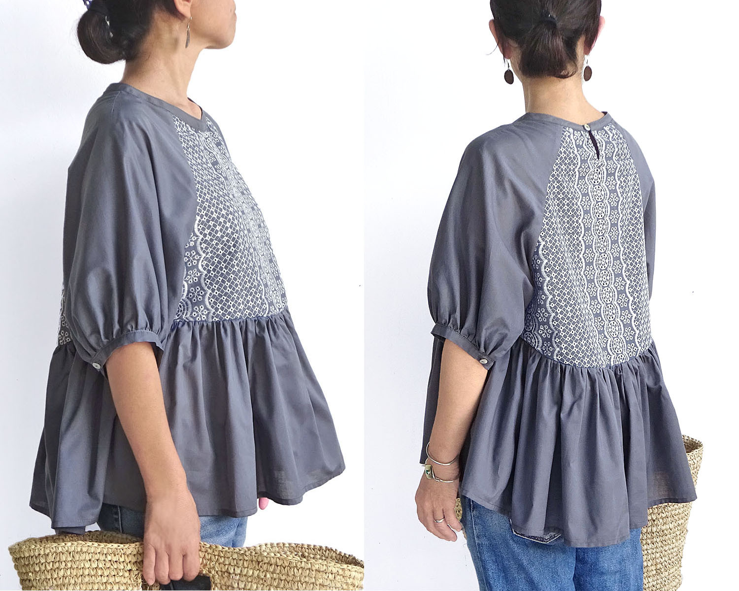 モデルチェンジの為、値下げ♪　カットワークブラウス（グレー)｜詳細画像