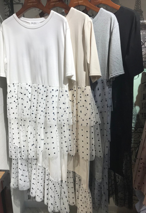 SALE✿︎異素材 Tシャツ ドットチュール ティアードワンピース ロング 丈 マキシ 春夏 インポート　ママ　フリー 5枚目の画像