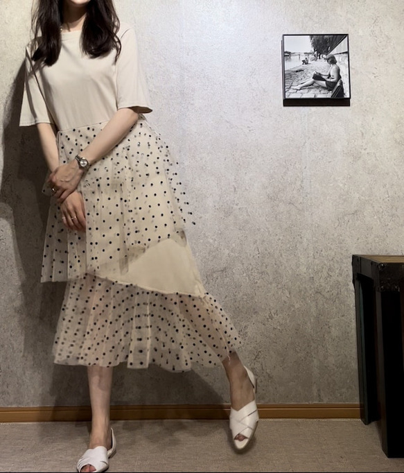 SALE✿︎異素材 Tシャツ ドットチュール ティアードワンピース ロング 丈 マキシ 春夏 インポート　ママ　フリー 1枚目の画像