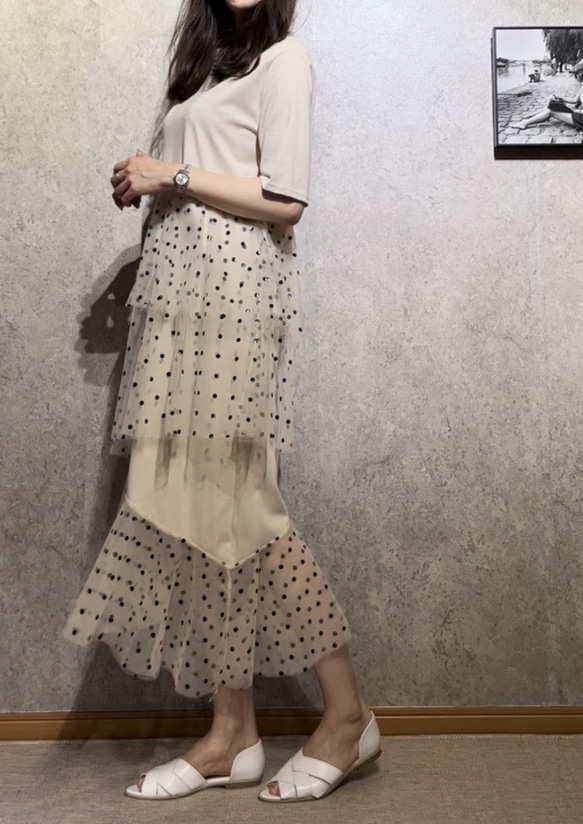 SALE✿︎異素材 Tシャツ ドットチュール ティアードワンピース ロング 丈 マキシ 春夏 インポート　ママ　フリー 10枚目の画像