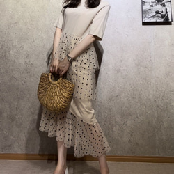 SALE✿︎異素材 Tシャツ ドットチュール ティアードワンピース ロング 丈 マキシ 春夏 インポート　ママ　フリー 9枚目の画像