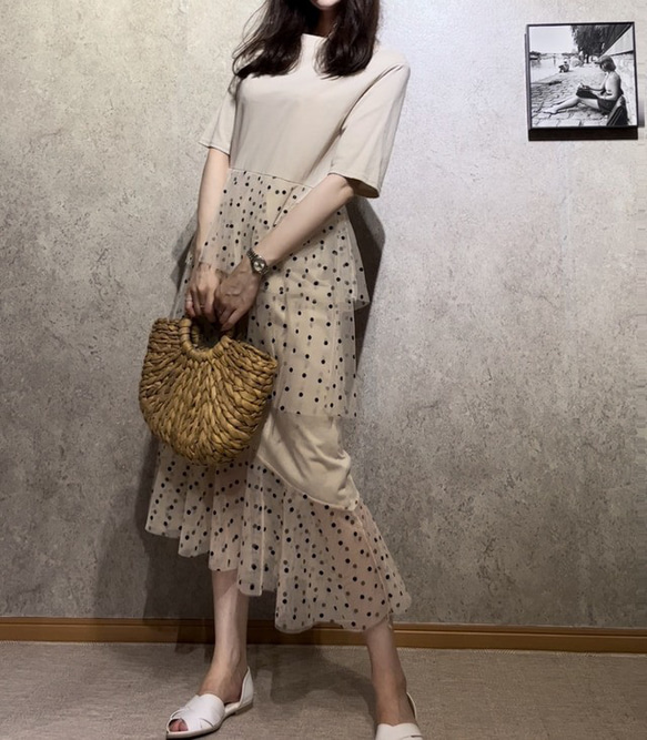 SALE✿︎異素材 Tシャツ ドットチュール ティアードワンピース ロング 丈 マキシ 春夏 インポート　ママ　フリー 9枚目の画像